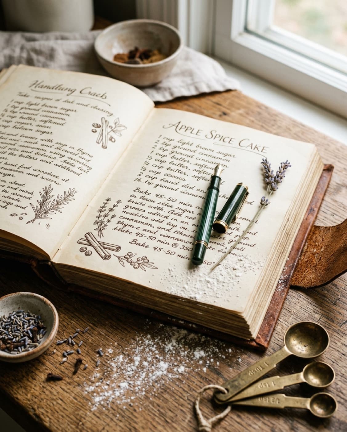 An open handwritten cookbook on a wooden counter