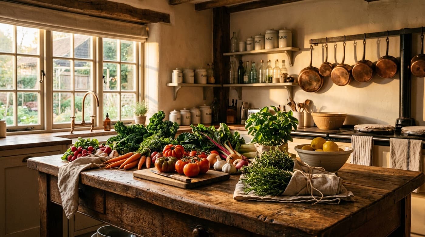 A sunlit home kitchen counter with vegetables, herbs, and copper pots