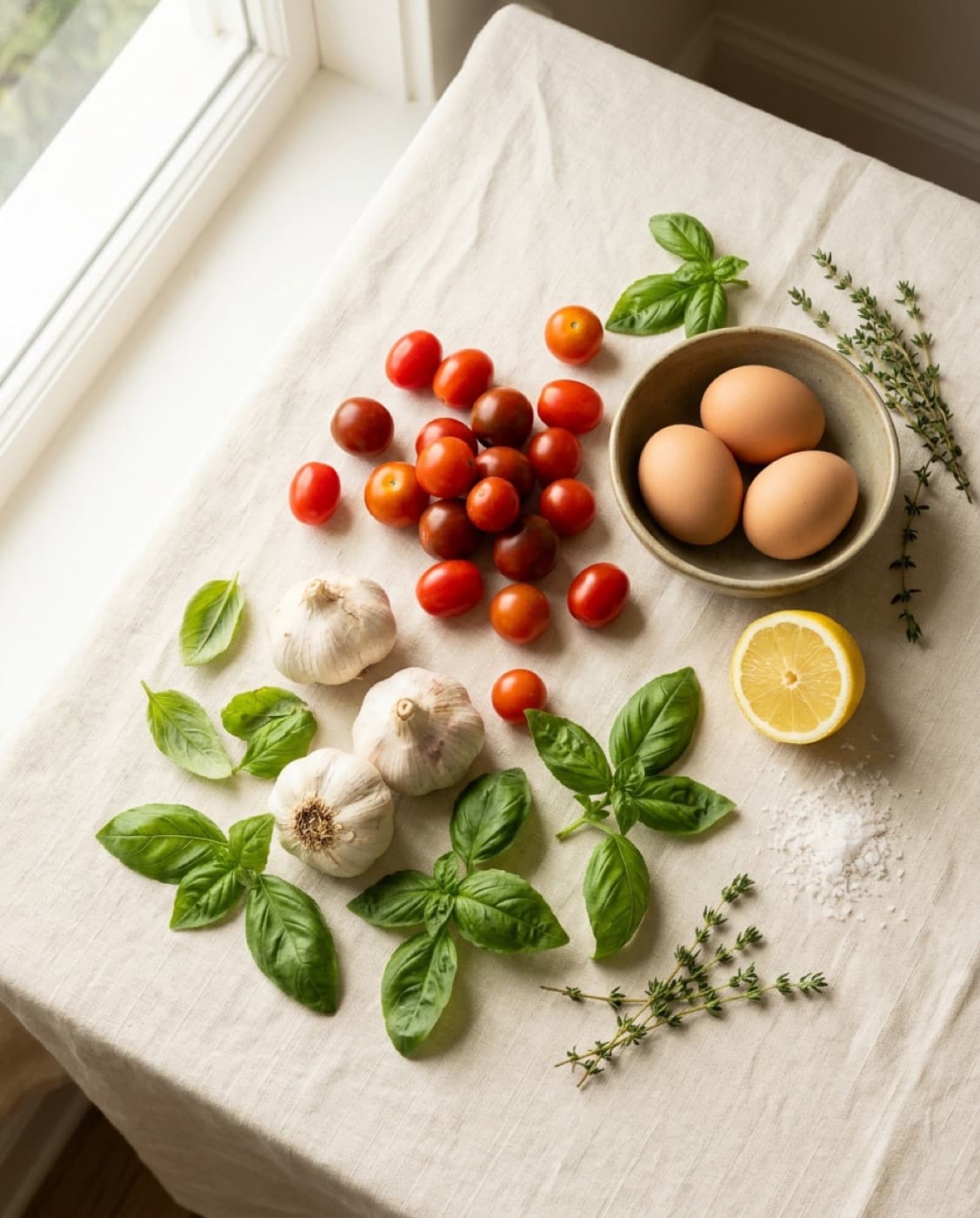Fresh ingredients arranged on cream linen — tomatoes, garlic, basil, eggs