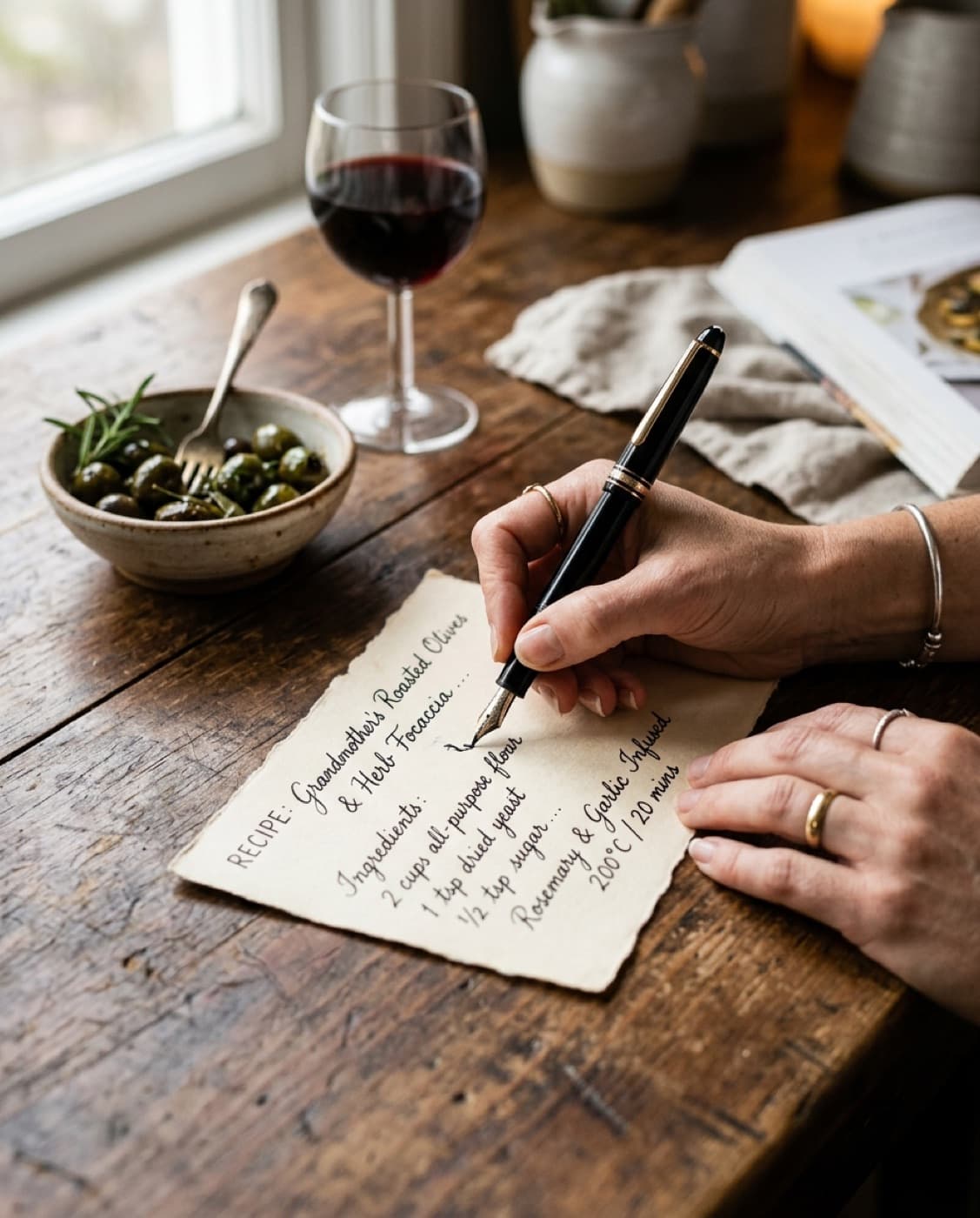 Hands writing a handwritten recipe card with a fountain pen