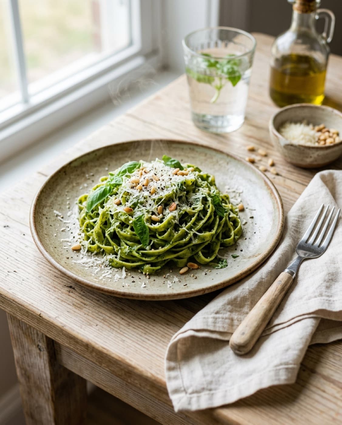 A finished homemade meal beautifully plated on a ceramic dish