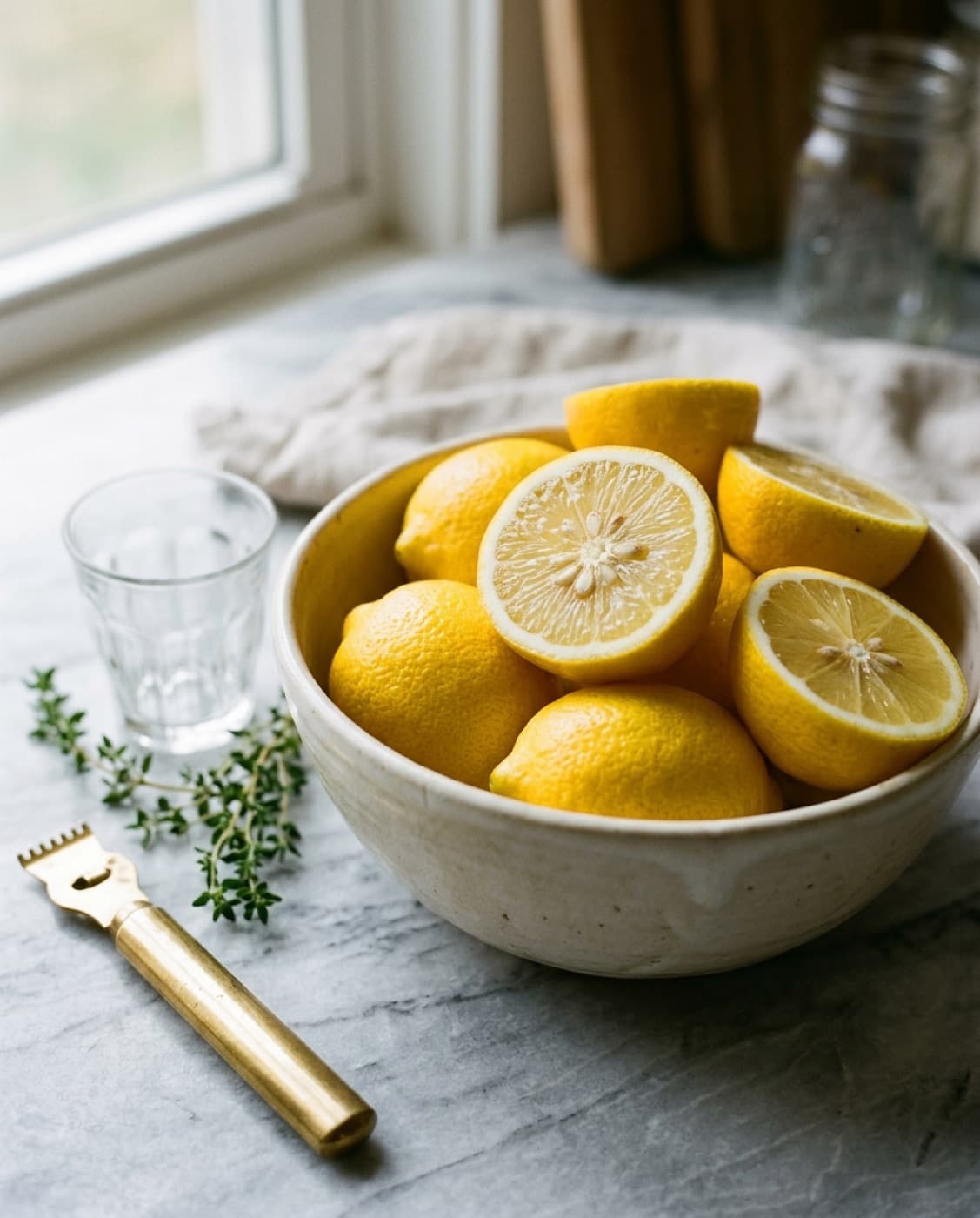 Whole and halved lemons in a ceramic bowl