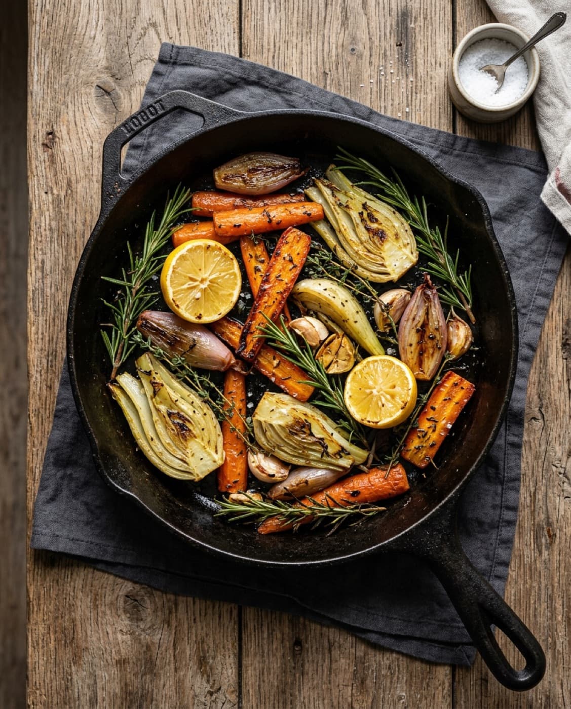 Cast iron pan with seared root vegetables and herbs