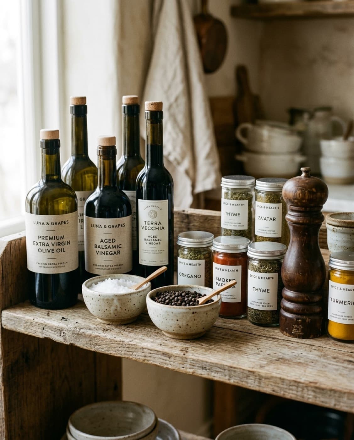 Bottles of olive oil, salt, and vinegar on a wooden shelf